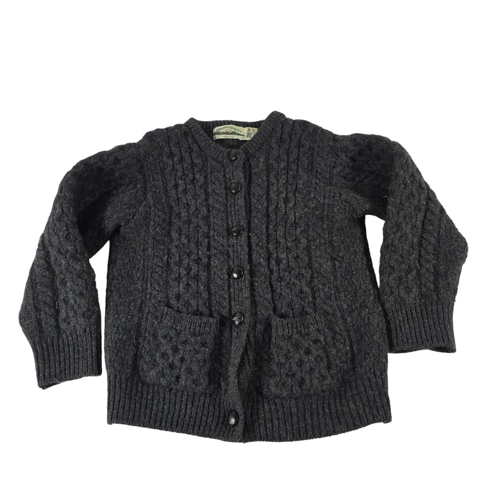 Aran Crafts Ireland Charcoal Grey Cable Knit 100% Wool Cardigan Sweater Womens M